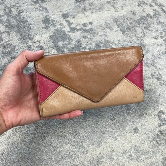 Chloe Leather Tricolor Envelope Flap Long Continental Wallet Snap Tan Pink - Picture 3 of 17